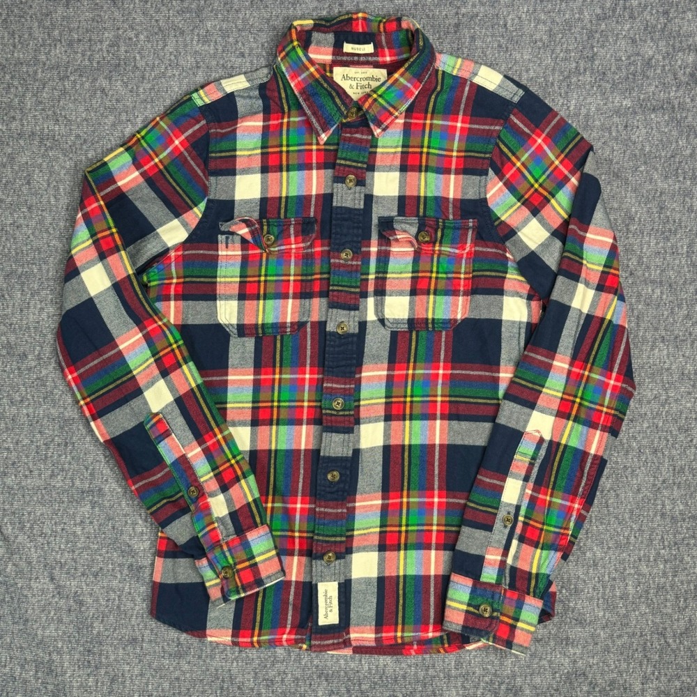 Abercrombie & Fitch Mens S Muscle Fit Plaid Flannel Button Down Shirt Red Green
